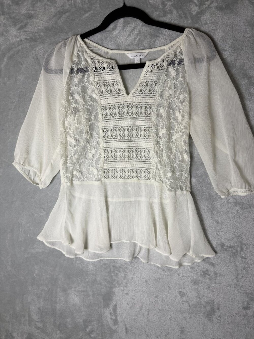 CHARMING CHARLIE Top Womens S Ivory Lace Babydoll Peplum Puff Sleeve Boho